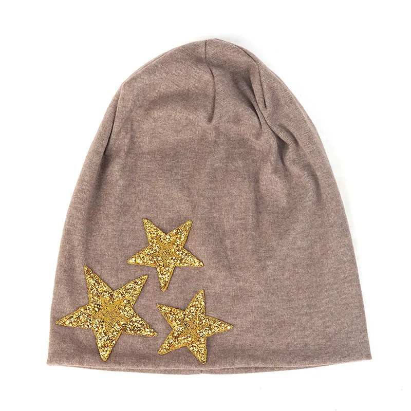 Charmwood для женщин зимние громоздкие Skullies шапочки со звездами Стразы хлопковые шапки для дам женские модные мешковатые однотонные кепки - Цвет: Gold khaki