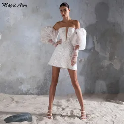Magic Awn Sparkly Short Wedding Dresses For Women Detachable Puffy Sleeves Shiny White Wedding Partry Gowns Vestidos De Novia