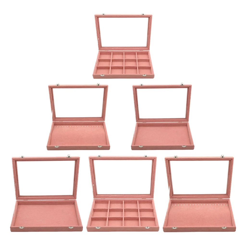 Jewelry Tray, Velvet Case Organizer with Glass Lid for Ring, Stud, Necklace, Bracelet, etc