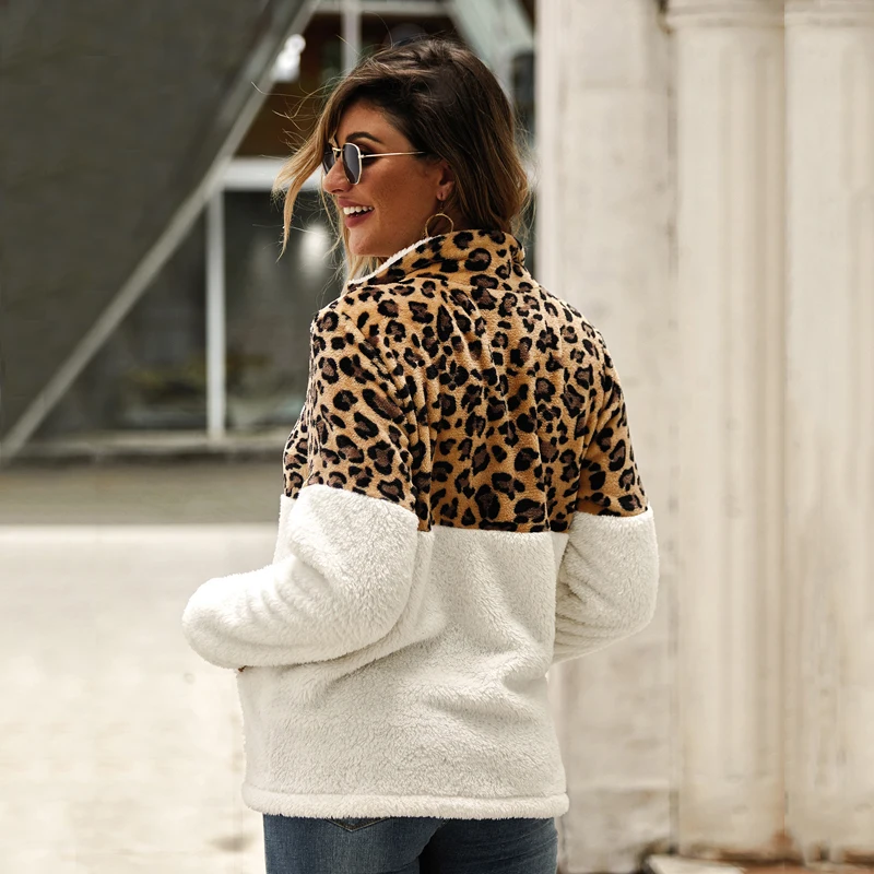  Lossky Winter Sweatshirt Leopard Patchwork Women Long Sleeve Pockets Ladies Plush Tops Zipper Pullo