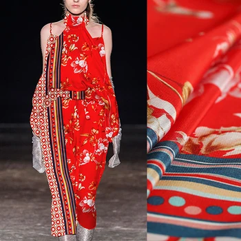 

138CM Wide 14MM Floral Print Red Silk Crepe de Chine Fabric for Summer Dress Shirt Scarf Cheongsam Skirt Suit E1219