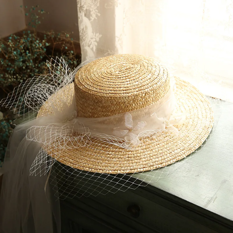 

Ins Wedding Bride Decorative Cap Seaside Vacation Sun-Shading Mesh Straw Bridal Hat Female YSAN718