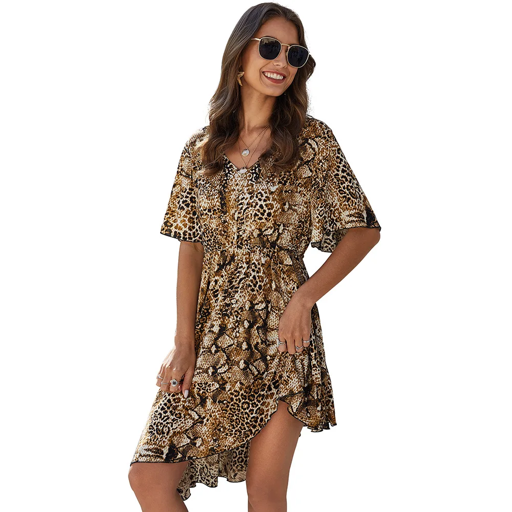 Toppshe Womens V-Neck Leopard Print Pocket Mini Dress Summer Vintage Short Sleeve Beach Dress 