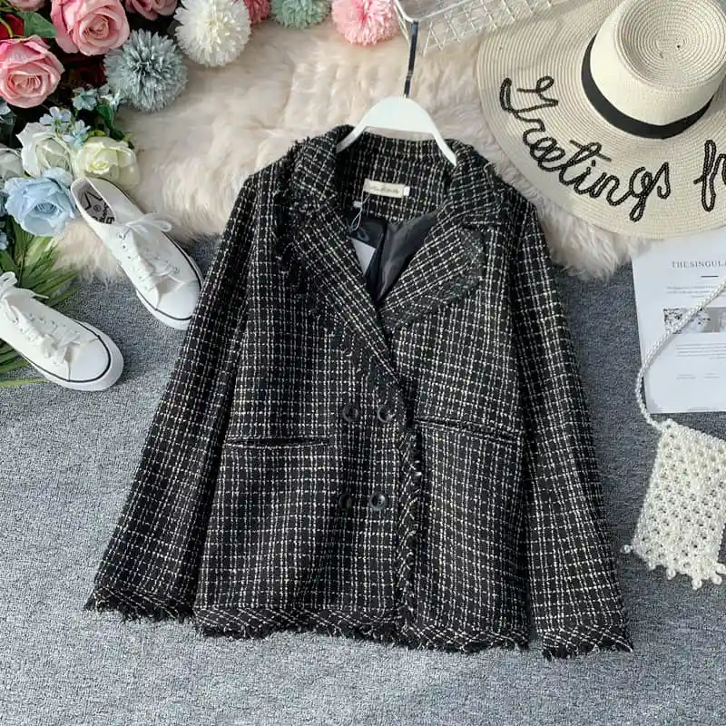 

autumn Plaid Women Jacket Coat Tassel Suit Collar Double Breasted Korean Plus Size Office Vintage Black Elegant Women Jacket