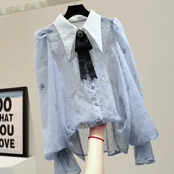 

2020 Summer Blouse Woman's Loose Sequined Striped Blouse Fashion Temperament Perspective Bow Lapel Chiffon Shirt Blusas Femme