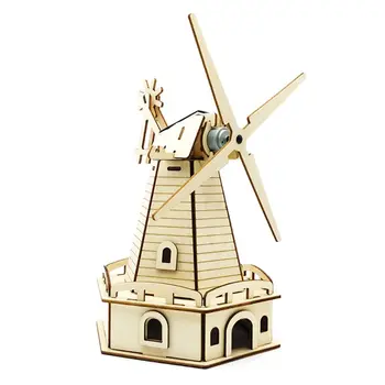 

3D Assembled Wooden Puzzle Solar Energy Powered Windmill Jigsaw Model Building Kits for Adults Kids Educational Toy