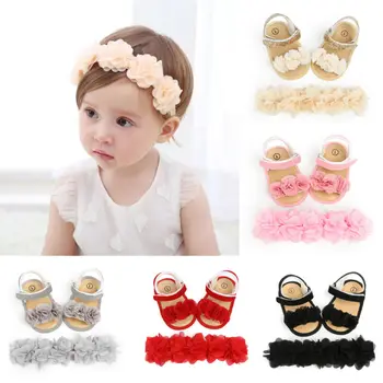 

2020 Summer New Newborn Infant Baby Girls Summer Crib Shoes First Walkers Floral Flat Hook Princess Shoes+Headband Princess 2PCS