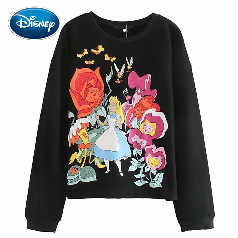 Disney Sweatshirts Harajuku Fashion Alice in Wonderland Cartoon Floral  Print O Neck Pullover Women Long Sleeve Black Tops Female|Áo Trùm Đầu & Áo  Nỉ| - AliExpress