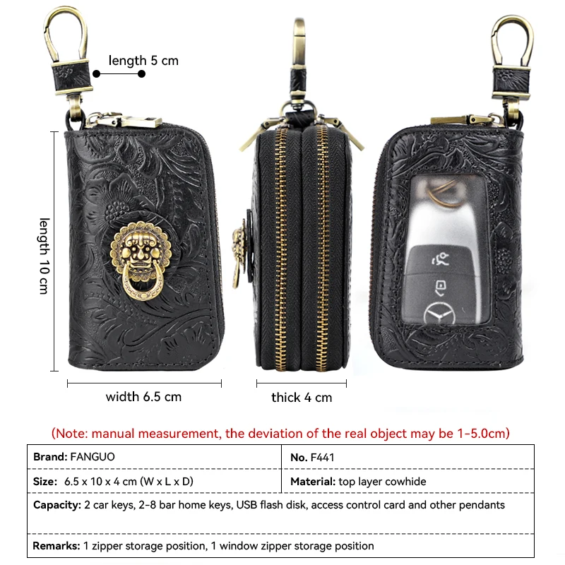 Handmade Key Wallet Genuine Leather Smart Key Holder Housekeeper Case Cover Portable Coin Purse Double Zipper Wallet Bag