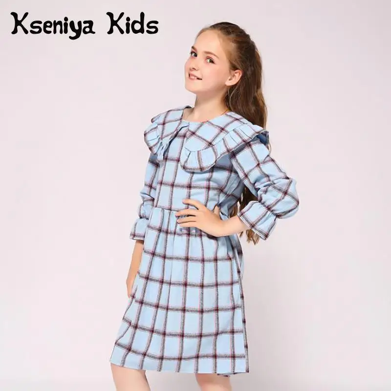 Kseniya Kids/Новинка г.; платья с длинными рукавами для девочек; клетчатая ткань с воротником и рюшами; плотная теплая одежда на весну-осень