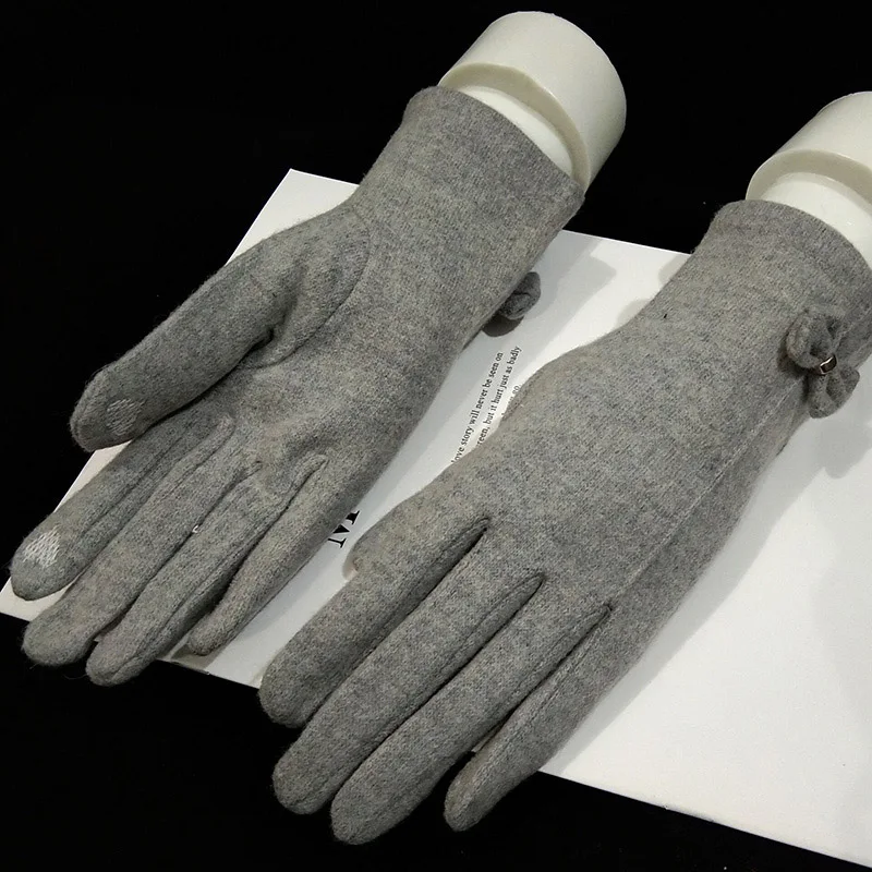 Модные элегантные женские шерстяные вязаные перчатки с вышивкой и сенсорным экраном зимние женские теплые кашемировые кожаные пе - Цвет: C21 Gray