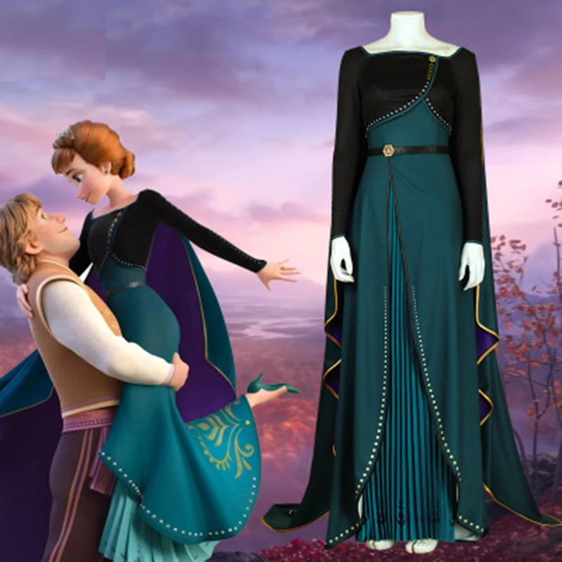 

2020 New Anna Elsa 2 Adult Cosplay Dress Christmas Set Birthday Party Frozen 2 Anna Emerald High Quality Evening Dress Set