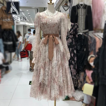 

AELESEEN Runway Fashion Women Dress Spring Autumn Long Lantern Sleeve Flower Print Sashes Party Holiday Ball Gown Dresses