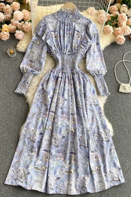 2021 Spring Fashion Women Elegant Slim Printed Stand Color Long Sleeve Party Dress Vestidos De Mujer H137