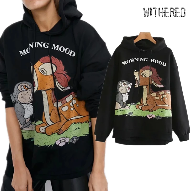 Увядшие зимние толстовки Толстовка для женщин Англия high street мультфильм печать негабаритных Свободные женские свитшоты с капюшоном топы Плюс Размер