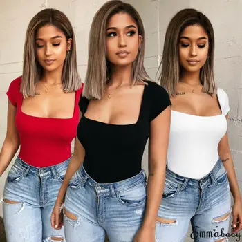 

Women Bodysuit Bodycon Jumpsuit Romper Leotard Tops Blouse Playsuit Short Sleeve