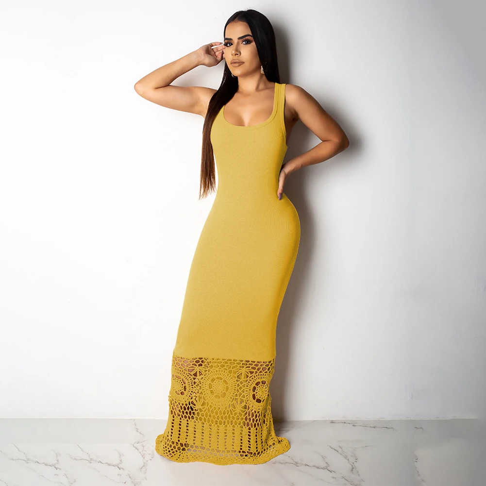 

Women's Sleeveless Pure Color Sundress Patchwork Hollow Out Long Dress Sexy Bodycon Long Maxi Dress Ladies Party Cocktail Dress