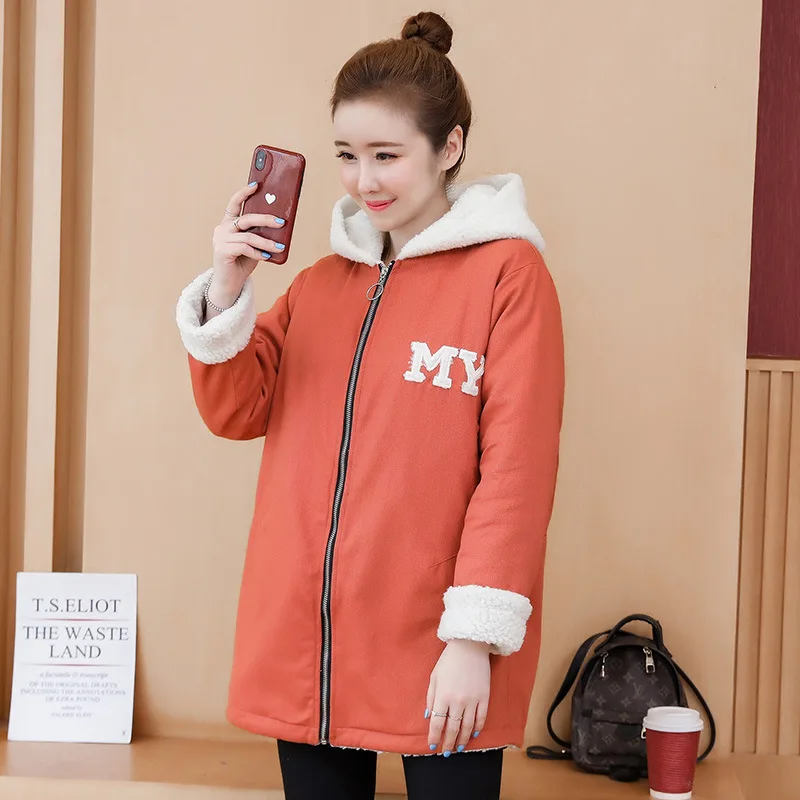 

2019 New Style Korean-style Loose And Plus-sized WOMEN'S Dress Students Mid-length Lambs Wool Cowboy Hooded Cotton Coat