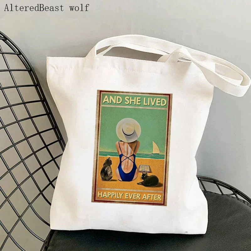 Women Shopper bag Just A Girl Loves Books and cat Bag Harajuku Shopping Canvas Shopper Bag girl handbag Tote Shoulder Lady Bag