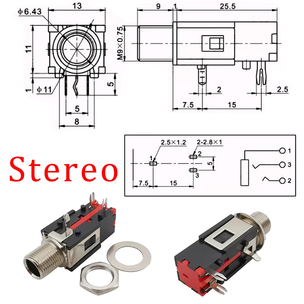 2Pcs/Lot 6.35mm Stereo Audio Socket Microphone Headphone Female Phone Jack  3Pin PCB Chassis Panel Connector With Nut