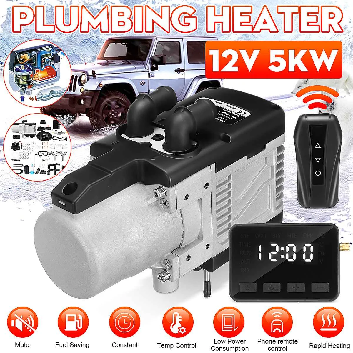 

12V 5KW Gasoline Air Heater Water Plumbing With Wireless Remote Control LCD Monitor Diesel Gasoline Universal for Cars Trucks