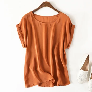 

REAL SILK women blouses Tops Tunic Basic Dressy Shirt work Casual Loose Rolled Cuff Batwing short sleeve Boatneck blusa plus siz