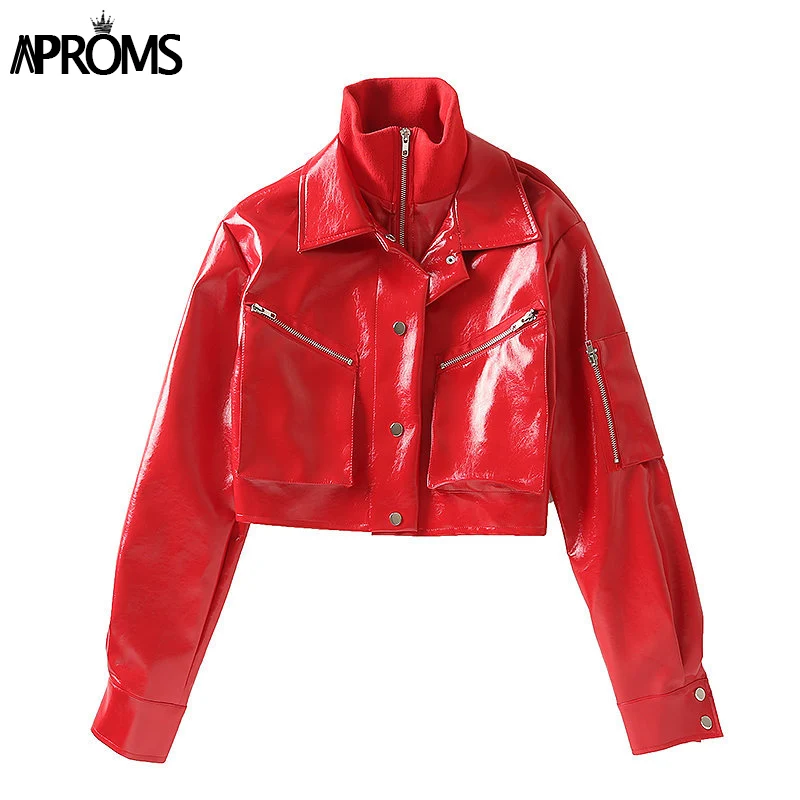 Aproms, женские Базовые укороченные куртки из искусственной кожи, Осень-зима, мотоциклетные женские короткие пальто красного цвета на молнии, уличная верхняя одежда - Цвет: Красный