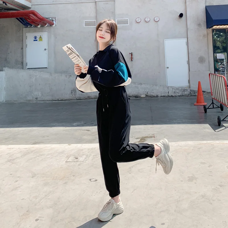 

2019 New Style Spring Workwear Long Sleeve Onesie Women's Short-height Students Korean-style Loose Casual Retro Capri Pants