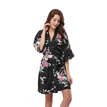 Китайское кимоно для ванной Черный Ночная рубашка Свадебное платье невесты халат с длинным рукавом твердых атласная пеньюар сексуальная ночная рубашка Женский Халат