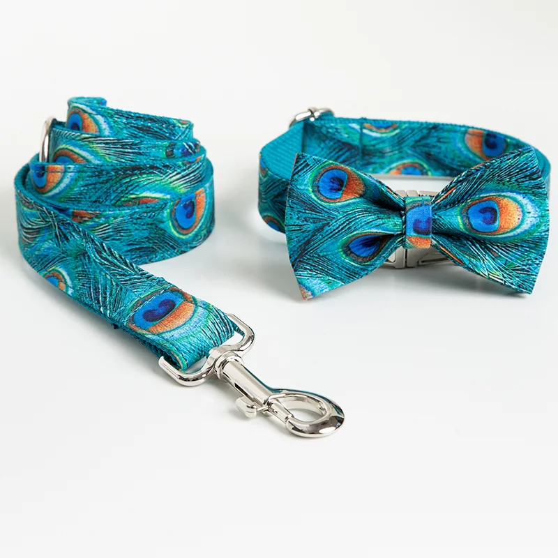 New Dog Collar Personalized Feathers Pattern Bow with Leash Set Adjustable Cotton DIY Pet Metal Hardwares | Дом и сад