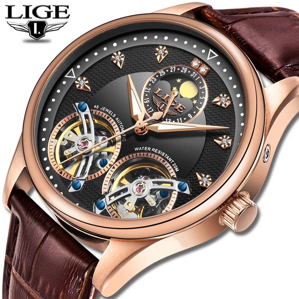 Reloj LIGE Мужские механические часы Tourbillon Роскошные модные брендовые кожаные