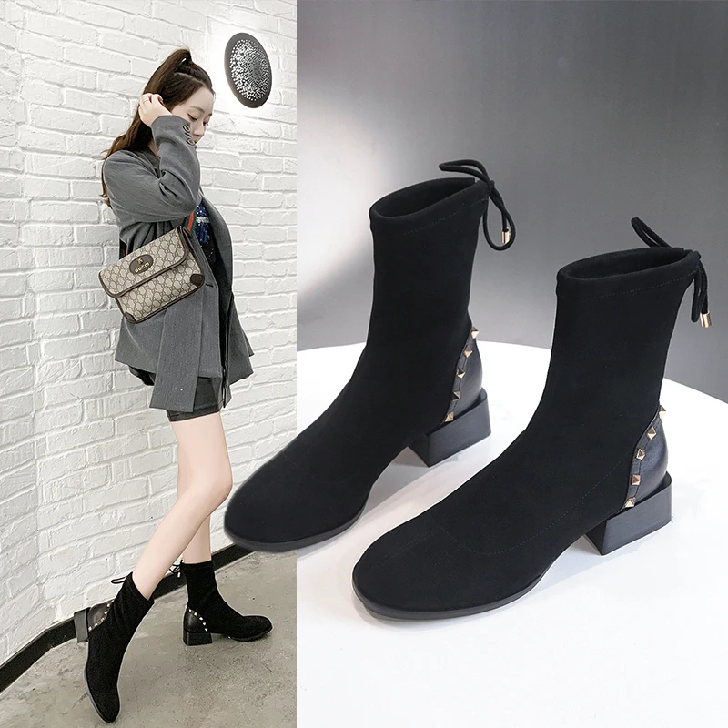 

2019 New Sock Boots Autumn Winter Flock Short Ankle Boots for Women Shoes Woman Rivet Square Toe Block Low Heels Ladies Boots