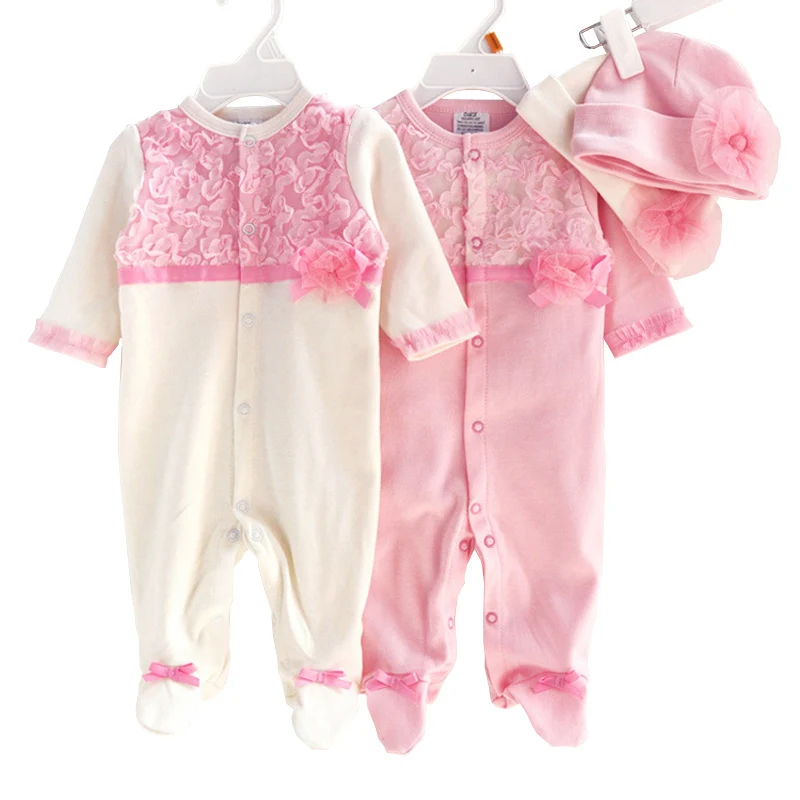 Clearance Big Sale Newborn Baby Girl Cotton Lace Footies with Cap New Spring Summer 1piece Overall Infant Girls Clothes Born 9m