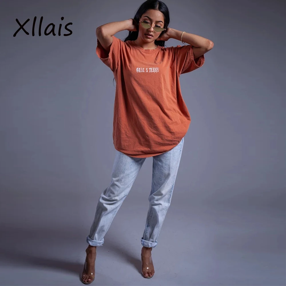 XLLAIS летняя новая длинная футболка женские оранжевые футболки женские повседневные свободные топы с круглым вырезом и короткими рукавами с буквенным принтом