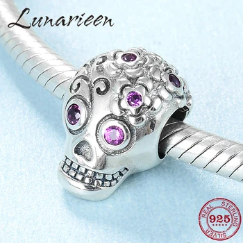 

925 Sterling Silver Halloween Flower Skull Charms Pink CZ Bead for Women Bracelet Jewelry Making Fit Original Pandora Bracelets