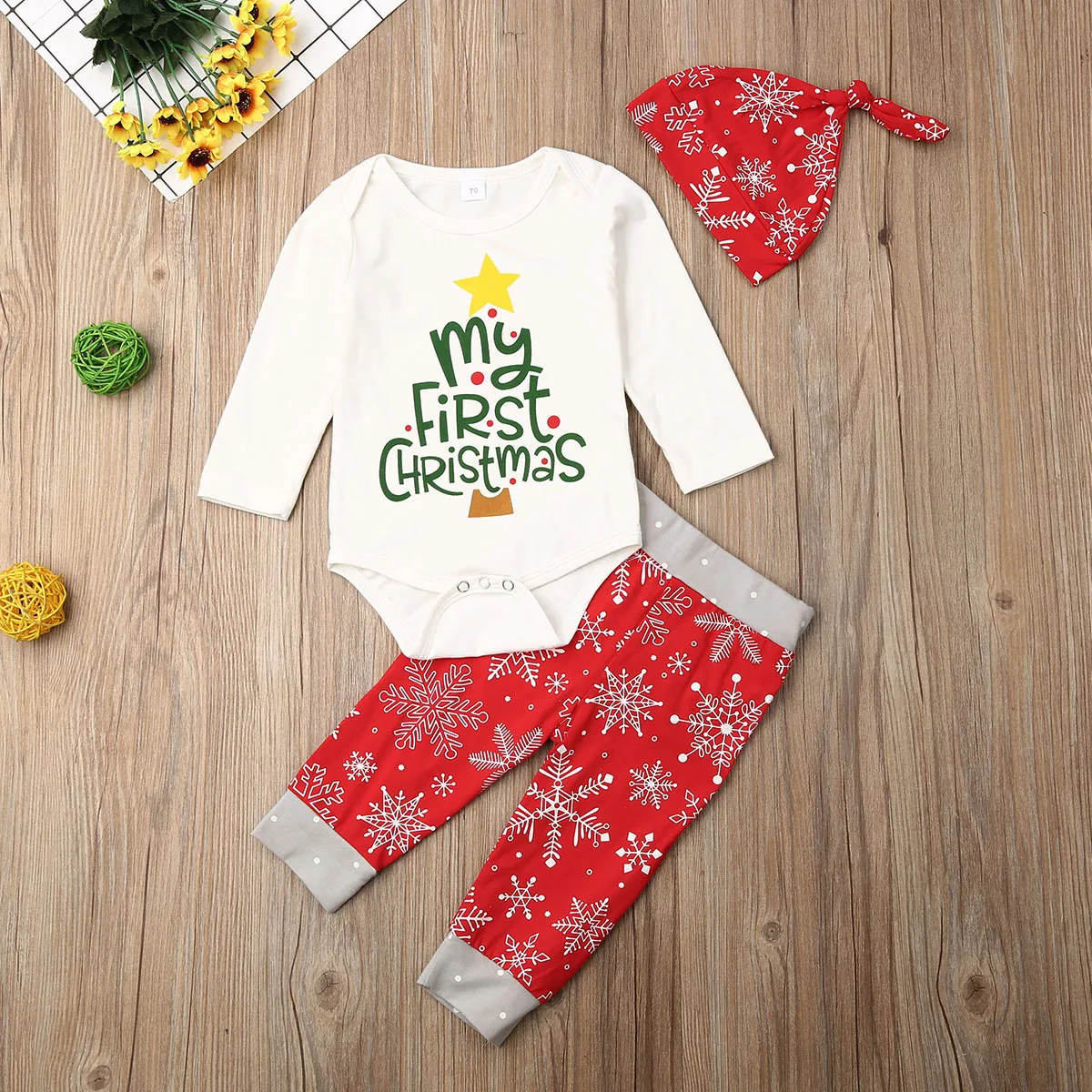 Одежда для новорожденных мальчиков из 3 предметов; комбинезон с длинными рукавами и принтом «My First Christmas»+ штаны с принтом животных; повязка на голову