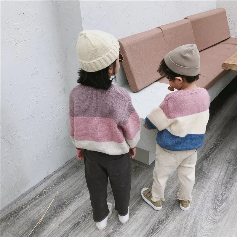 

2019 Children Sweater Autumn New Korean Girls Winter Tops Color Matching Wide Alpaca Sweater Boy Sweater