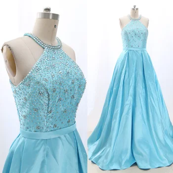

MACloth Sky Blue A-Line Halter Floor-Length Long Crystal Satin Prom Dresses Dress M 267952 Clearance