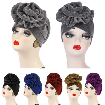 

Glitter Indian Muslim Women Turban Big Flower Chemo Arab Cap Hat Scarf Head Wrap Headwear Bonnet Beanies Hair Loss Cover Ramadan
