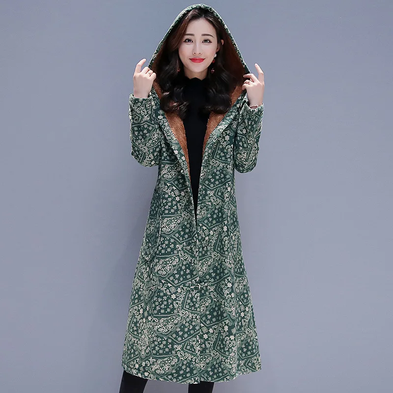 

2019 Autumn And Winter New Style WOMEN'S Dress National Wind Cotton Linen Brushed And Thick Warm Cotton-padded Clothes Hooded Fl