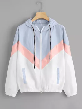 

Windbreaker Jacket Women Long Sleeve Two Tone Jacket Autumn Fashion 2019 Patchwork Hooded Coats Female Sky Blue Basic Jackets