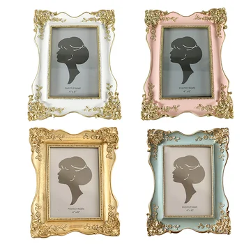 

1pc Retro Photo Frame Vintage Resin picture frame European style Golden Lace decor creative ornament 6inch White/Pink/Gold/Green