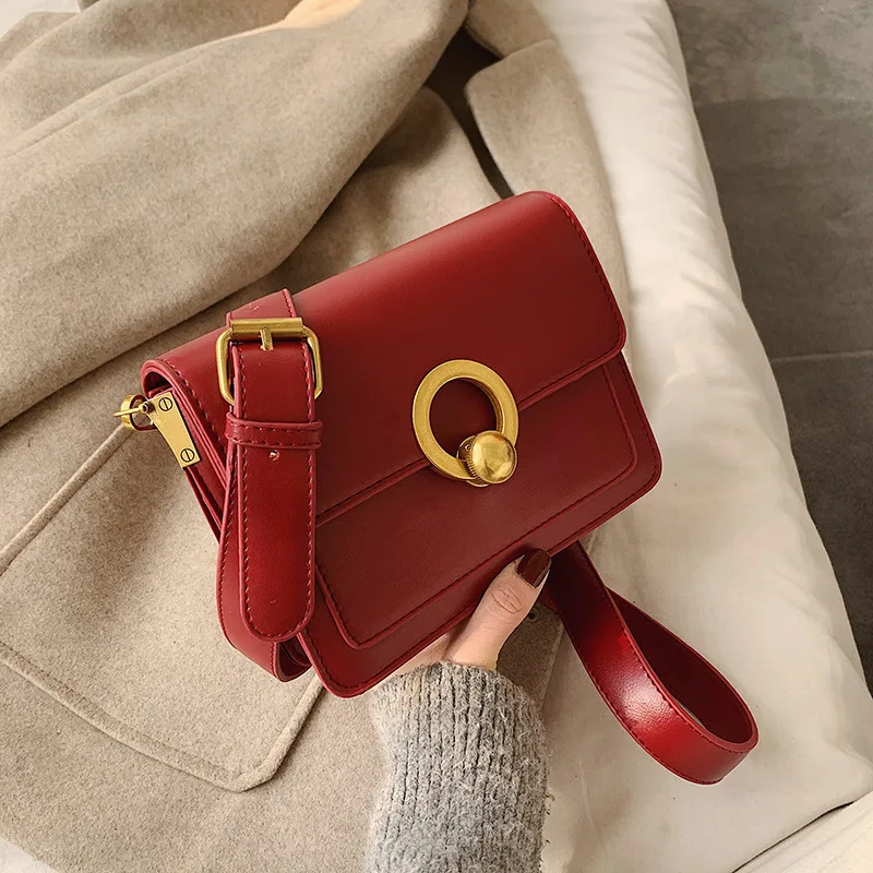 

Retro Lock Square Bag 2020 Spring New Style WOMEN'S Bag Solid Color Car Suture Shoulder Square Bag