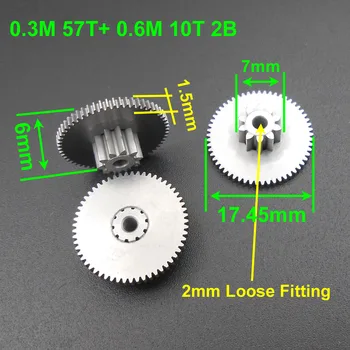 

100Pcs Steel Double Gear Reduction gear 0.3M 57T + 0.6M 10T Aperture 2.05mm 2B Loose Fitting 57 Teeth 10 Teeth 57T + 10T *KC006