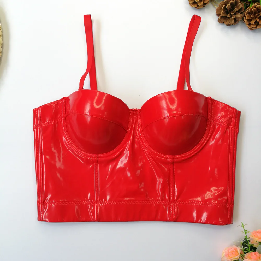 Sexy stain bra for women bright leather crop top camisole spot sexy tube top with steel ring PU leather fishbone brassiere femme