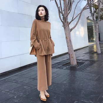 

2019 Autumn Winter Women two Piece Pant kintted Set Runway Fashion Casual Pants Suit top+Pants wool blends Knit suit set