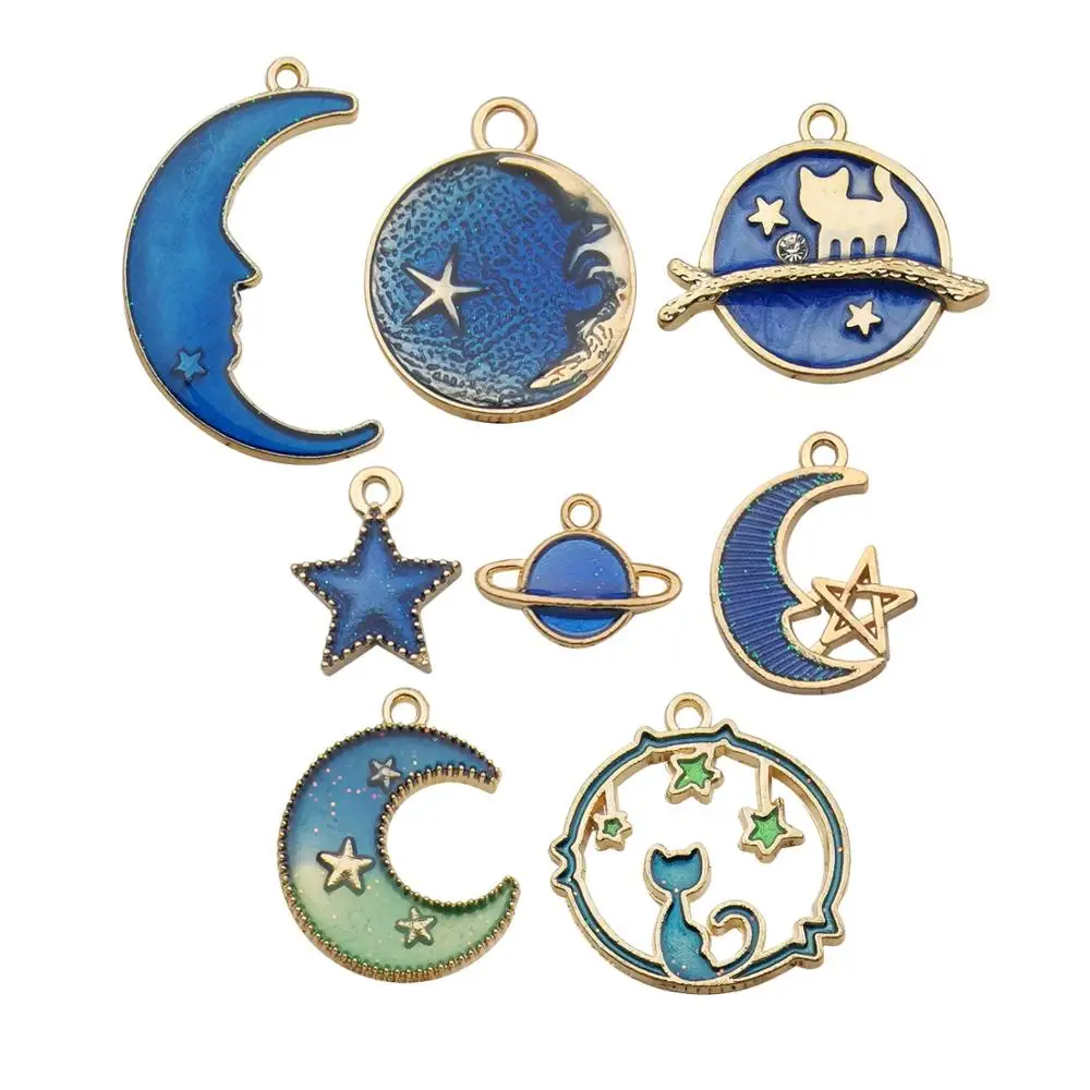 8Pcs Enamel Cat Moon Star Earth Planet Charms Pendants DIY For Jewelry Making 8Pcs Enamel Cat Moon Star Earth Planet Charms Pendants DIY For Jewelry Making