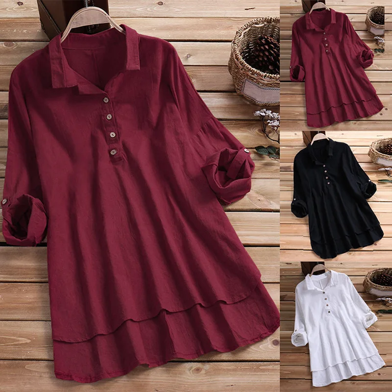 

2020 large size women's spring and summer new retro casual solid color long-sleeved lapel cotton and linen shirt loose shirt wom