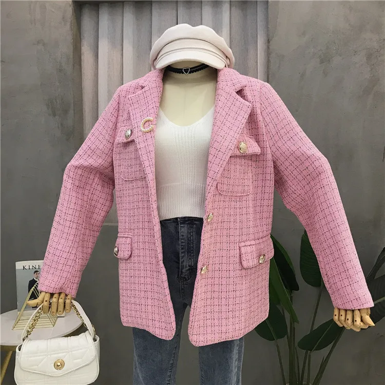 

2019 early autumn new retro tweed temperament check suit long-sleeved jacket female