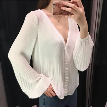 

2020 Spring and Summer New Shirts Women Solid Color Wild Fashion Ladies Blouses and Tops Chiffon V-neck Women Clothing